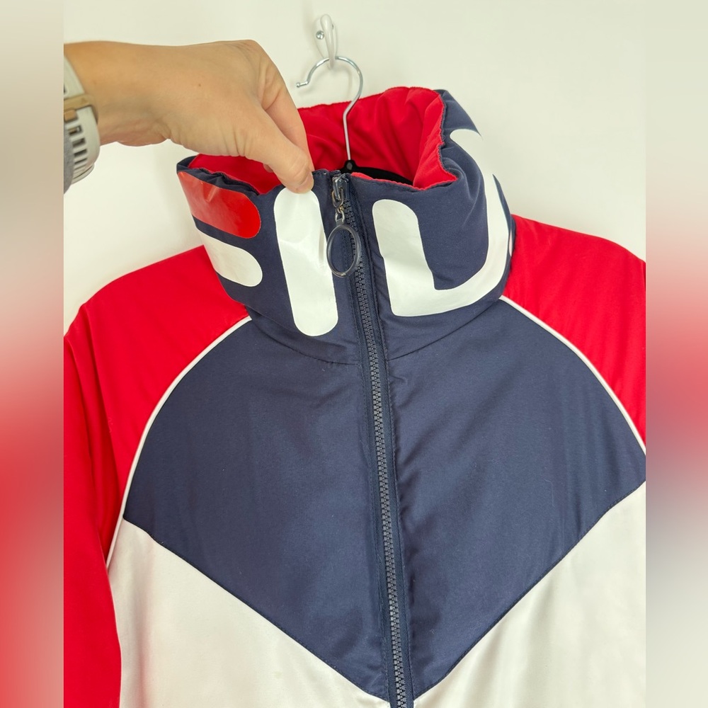 FILA Long Puffer Coat | Colorblock Red Navy White S - Picture 4 of 9